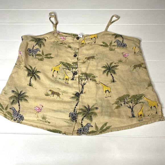 Old Navy Tank Top Women Sz XL Tan Linen Animal Print Safari Zoo Giraffe Flamingo - Picture 3 of 12